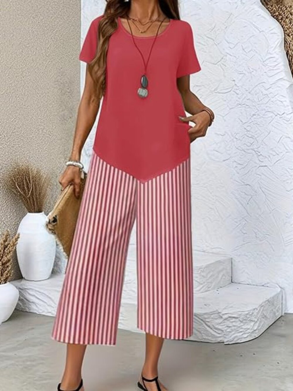 Women's 2 Piece Outfit Solid Asymmetrical Top Striped Wide Leg Pants Set